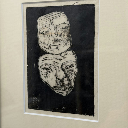 1927 Figurative Etching "Framed Masks" Small Artwork Holland Art Shop