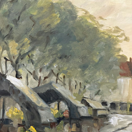 Expressive Dutch Cityscape Oil Painting "Flower Market" Vintage Large Art Holland Art Shop