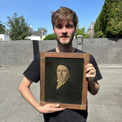 19th Century Antique Portrait Oil Painting "Man Holding Painting" French Art Holland Art Shop