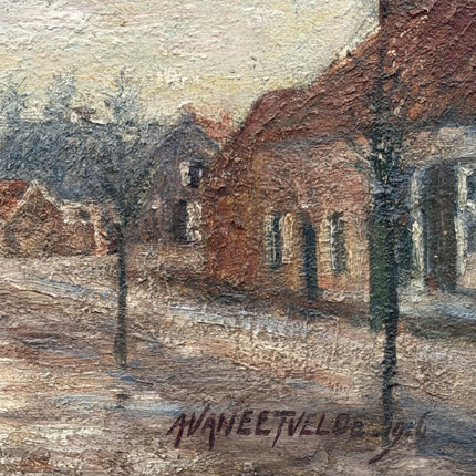 1916 Antique Cityscape Oil Painting "Red Brick Church" Artwork Holland Art Shop