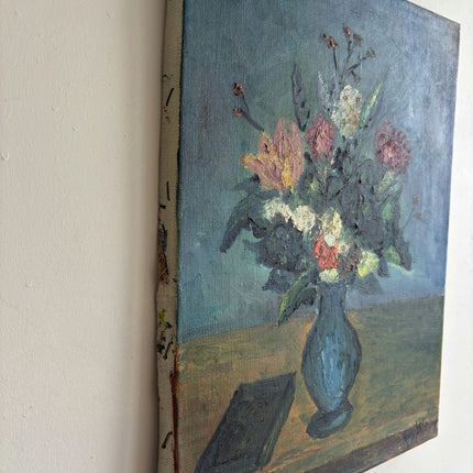 Vintage Floral Still Life Oil Painting "Blue Vase" Rustic Small Artwork Holland Art Shop
