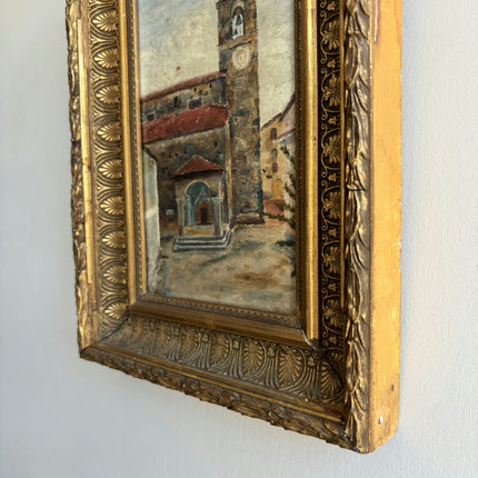 1896 Antique Cityscape Oil Painting "Bell Tower" Small Artwork Holland Art Shop