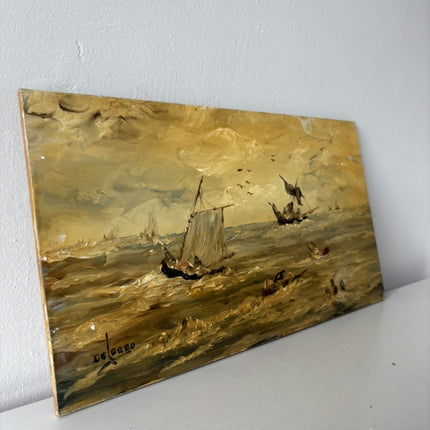 Vintage Seascape Oil Painting "Sailing Boats" Rustic Small Artwork Holland Art Shop