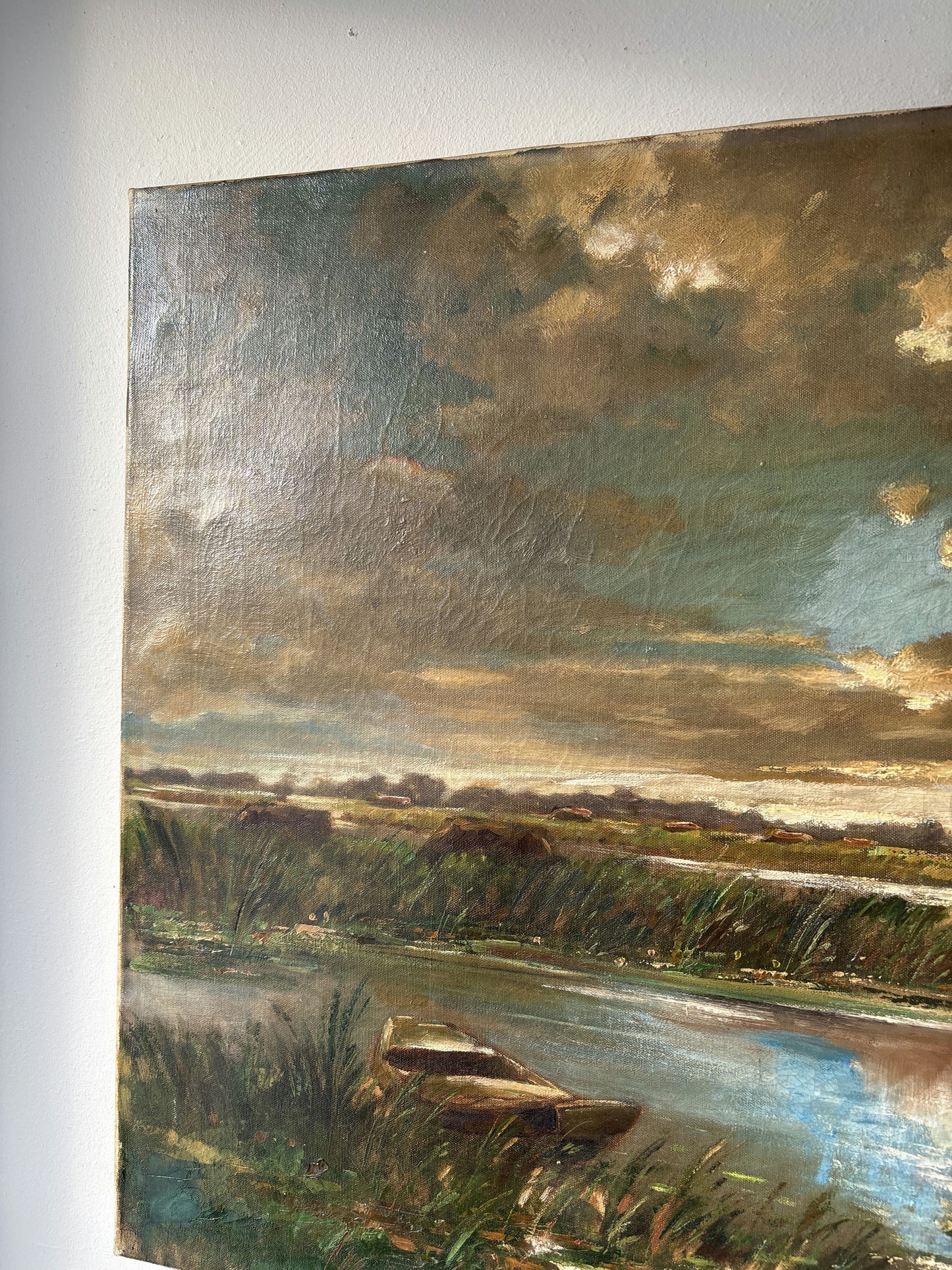 20th Century Marsh Boat Clouds Sunset Village Vintage Oil Painting Authentic