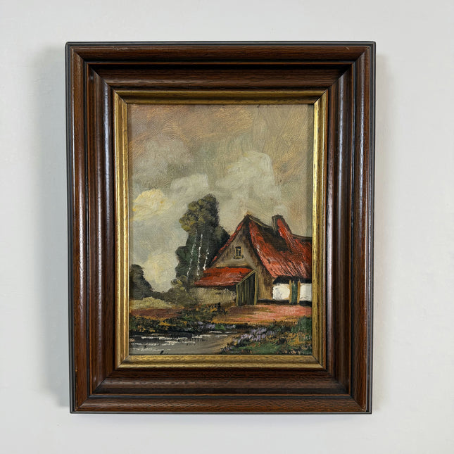 Traditional Landscape Oil Painting "Red Roofed House" Authentic Small Artwork Holland Art Shop