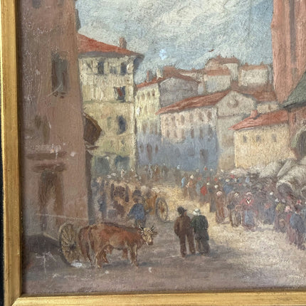 Rustic Cityscape Oil Painting "Market Crowd" Timeless Small Artwork Holland Art Shop