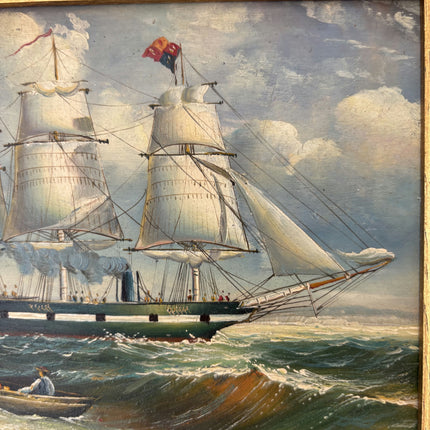19th Century Antique Seascape Oil Painting "Green Ship" Small Art Holland Art Shop