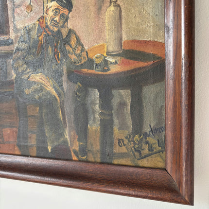 Remarkable Oil Painting Interior "Pensive Man" Original Small Art Holland Art Shop