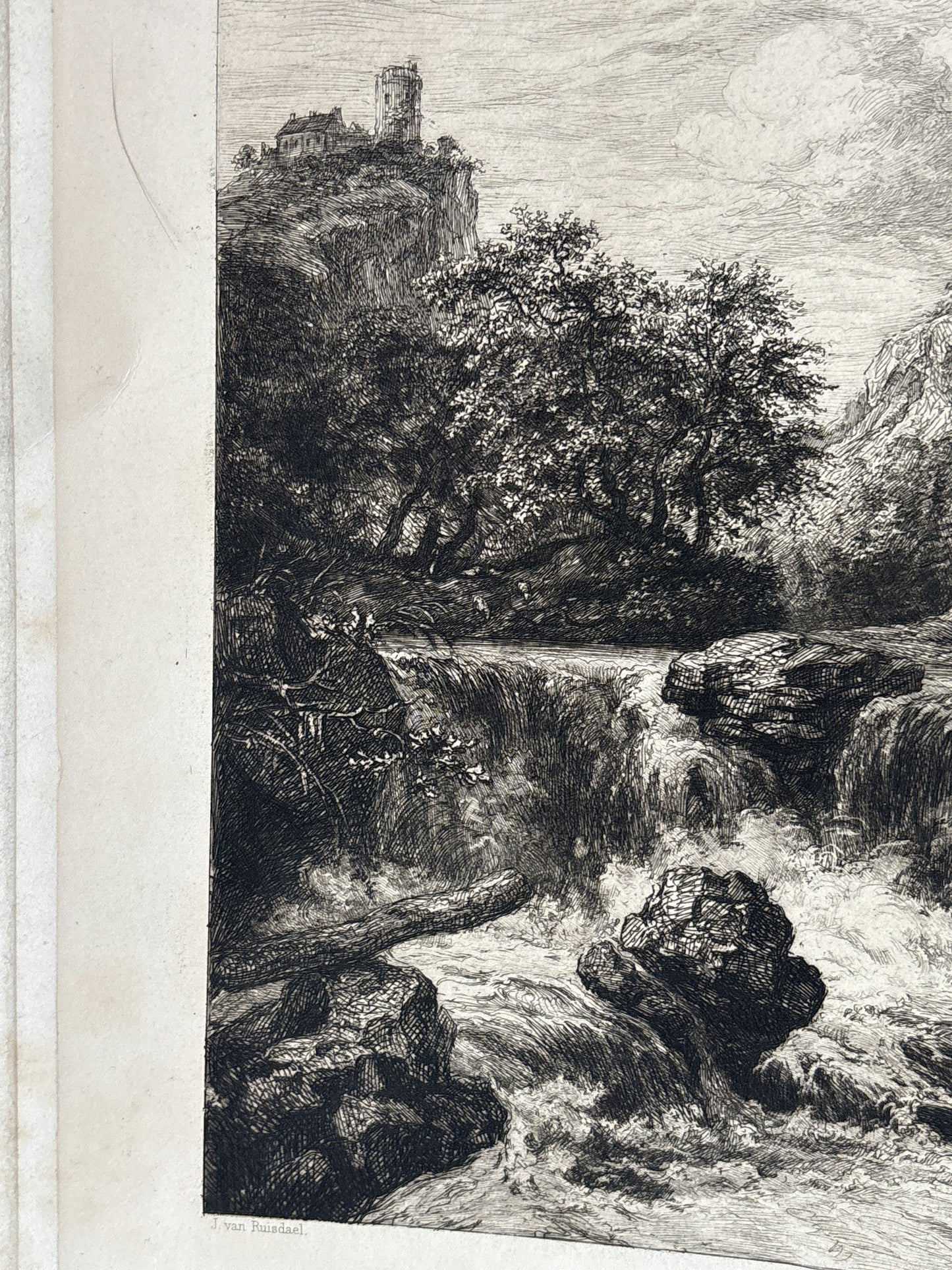 Wonderful Landscape Etching "Rushing Waterfall" Vintage Small Artwork