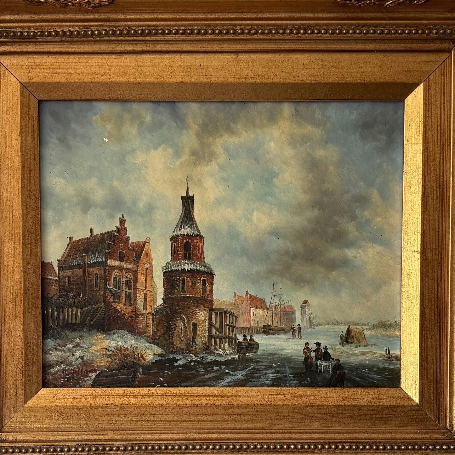 Marvelous Oil Painting Winter Landscape "Brick Tower" Intriguing Small Artwork