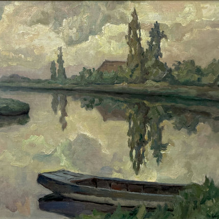 Expressive Landscape Oil Painting "Rowboat Reflection" Detailed Artwork Holland Art Shop