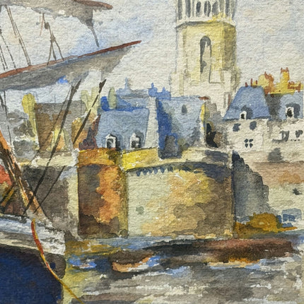 1945 Harbor Scene Aquarel "Church Spire" Small Art Holland Art Shop