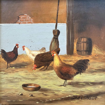 Antique Animals Oil Painting "Barnyard Chickens" Expressive Small Art Holland Art Shop