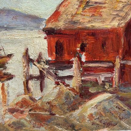Traditional Harbor Scene Oil Painting "Red Boathouse" Handcrafted Small Art Holland Art Shop