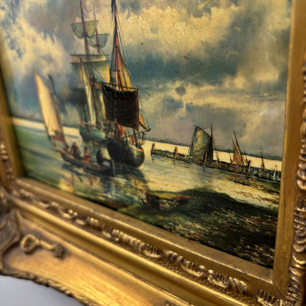 19th Century Antique Seascape Oil Painting "Golden Frame" Small Artwork Holland Art Shop