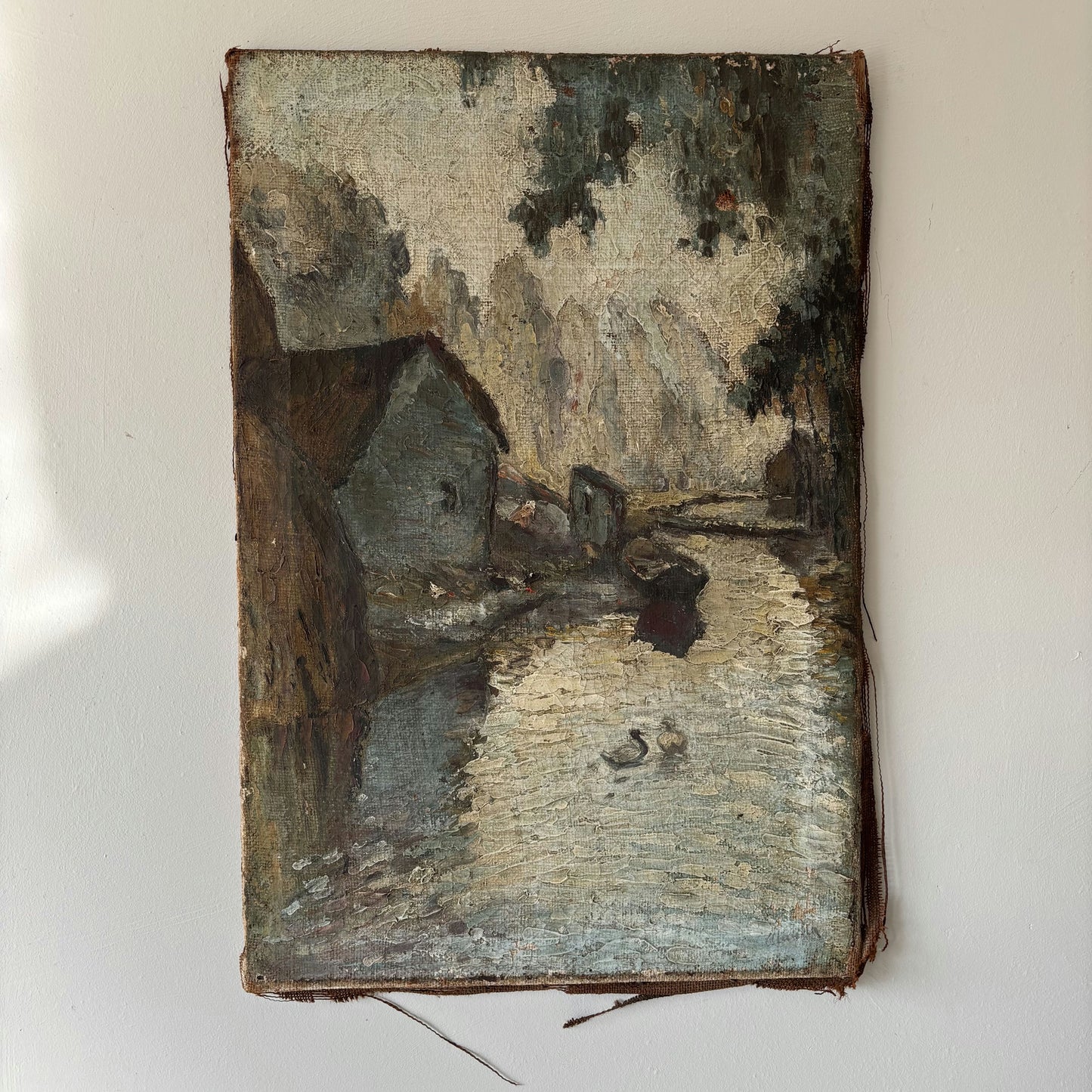 19th Century Landscape Oil Painting "River Cottage" Medium Art