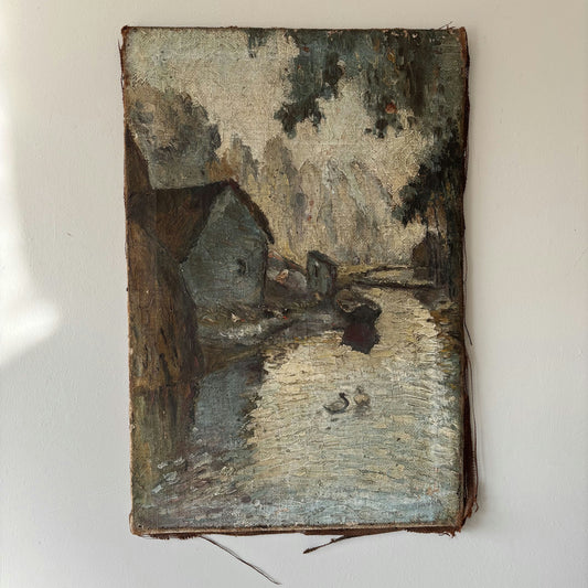 19th Century Landscape Oil Painting "River Cottage" Medium Art