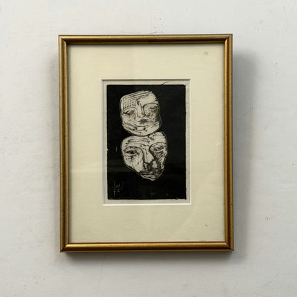 1927 Figurative Etching "Framed Masks" Small Artwork Holland Art Shop