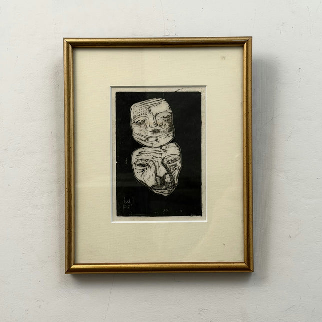 1927 Figurative Etching "Framed Masks" Small Artwork Holland Art Shop