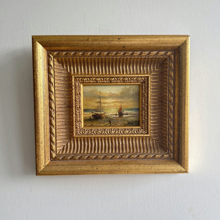 Vintage Seascape Oil Painting "Gilded Frame" Rustic Small Artwork Holland Art Shop