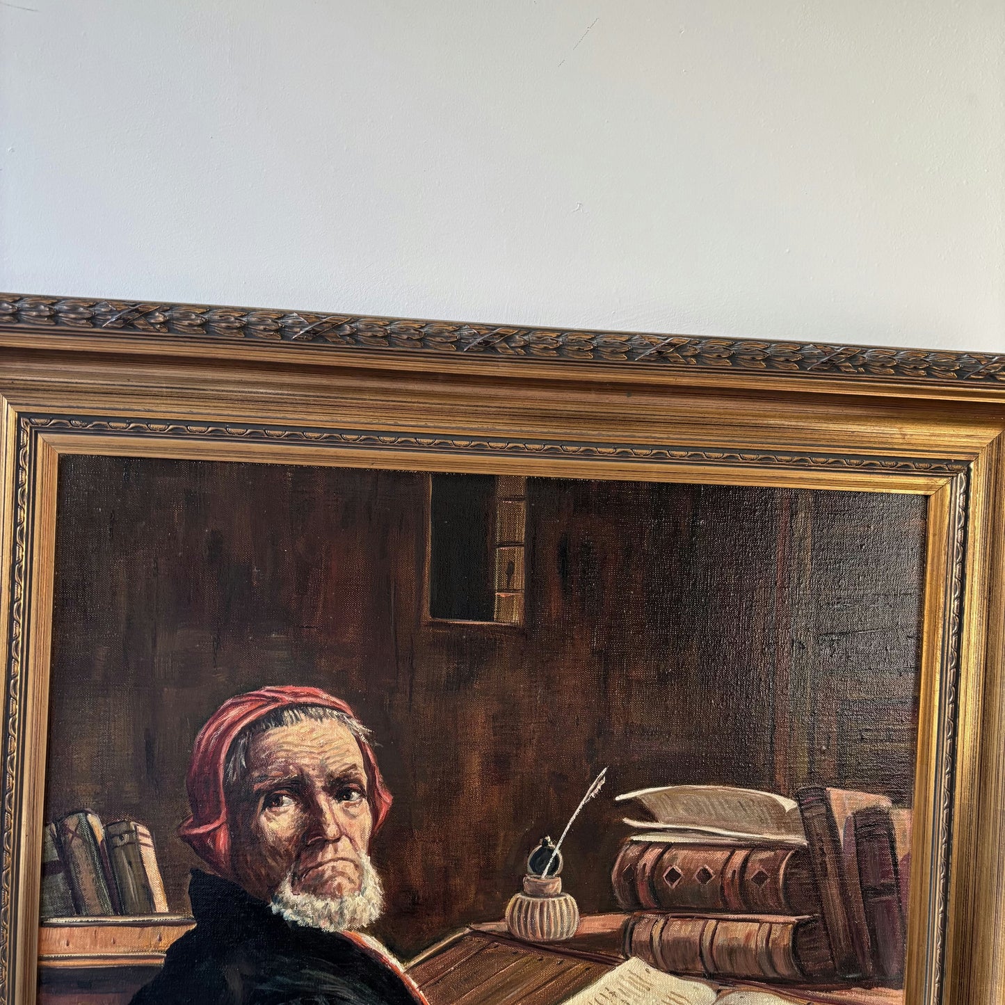 Thoughtful Elderly Scholar Oil Painting Library Books Antique sold without frame