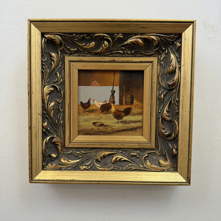 Antique Animals Oil Painting "Barnyard Chickens" Expressive Small Art Holland Art Shop