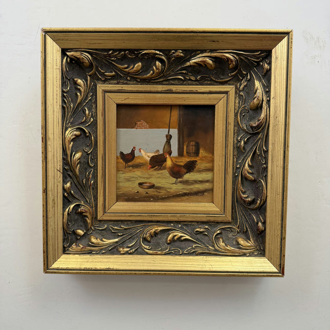 Antique Animals Oil Painting "Barnyard Chickens" Expressive Small Art Holland Art Shop