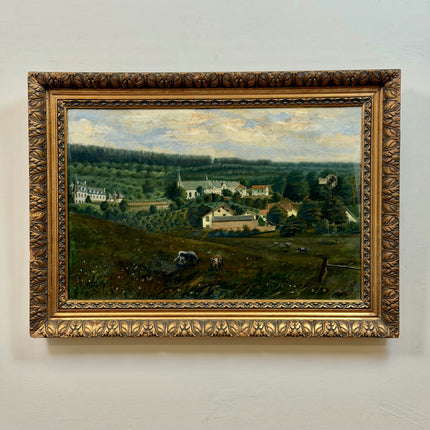 1909 Antique Landscape Oil Painting "Grazing Cow" Large Artwork Holland Art Shop