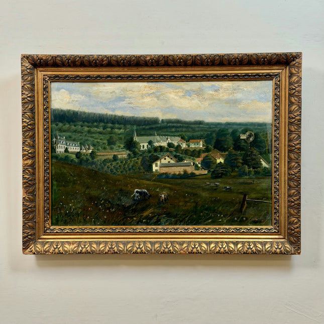 1909 Antique Landscape Oil Painting "Grazing Cow" Large Artwork Holland Art Shop