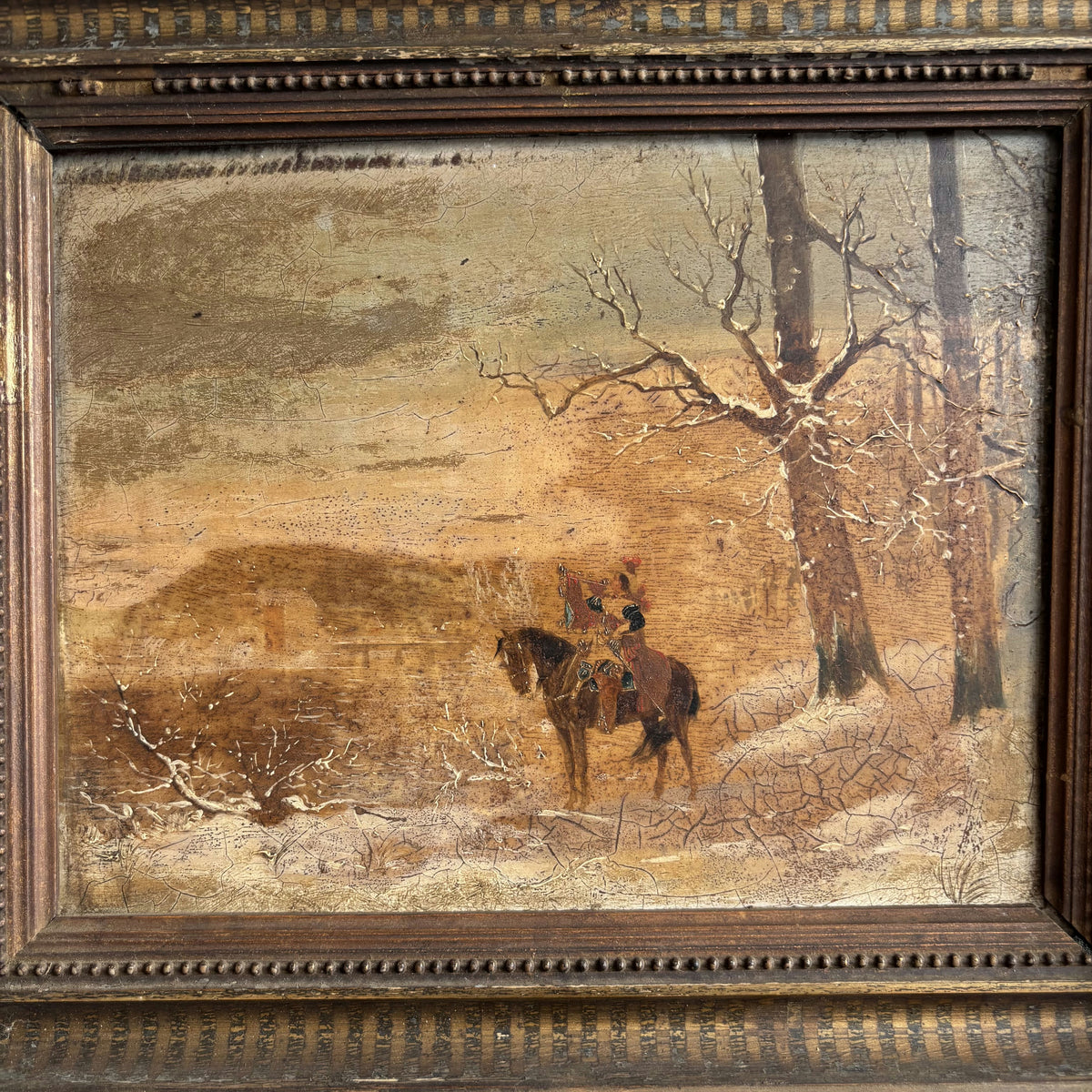 19th Century Antique Winter Landscape Oil Painting 