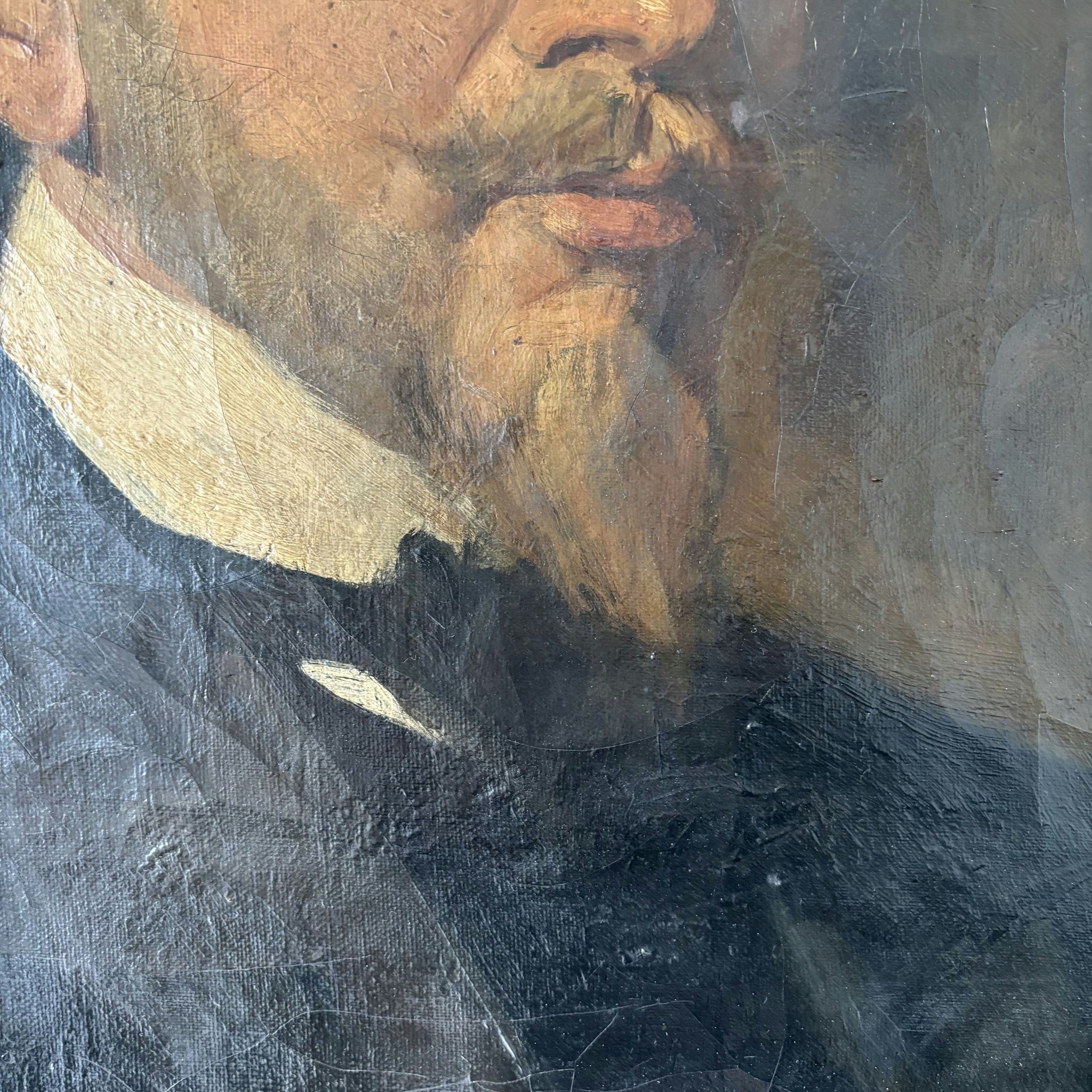 19th Century Gentleman Black Suit Beard Collar Antique Oil Painting Authentic