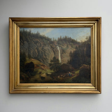 19th Century Antique Landscape Oil Painting "Waterfall Cliff" Art Holland Art Shop
