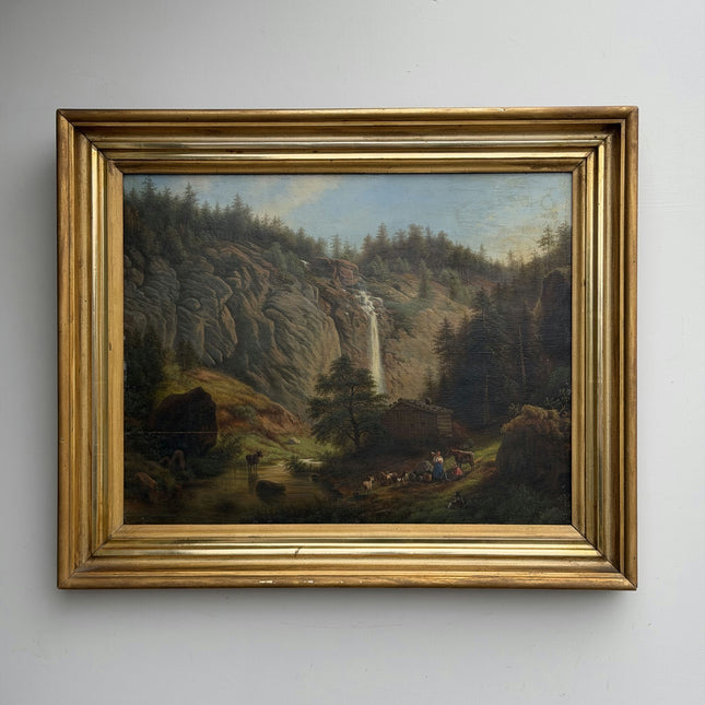 19th Century Antique Landscape Oil Painting "Waterfall Cliff" Art Holland Art Shop