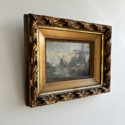 19th Century Antique Landscape Oil Painting "Sailboat Mast" Small Artwork Holland Art Shop