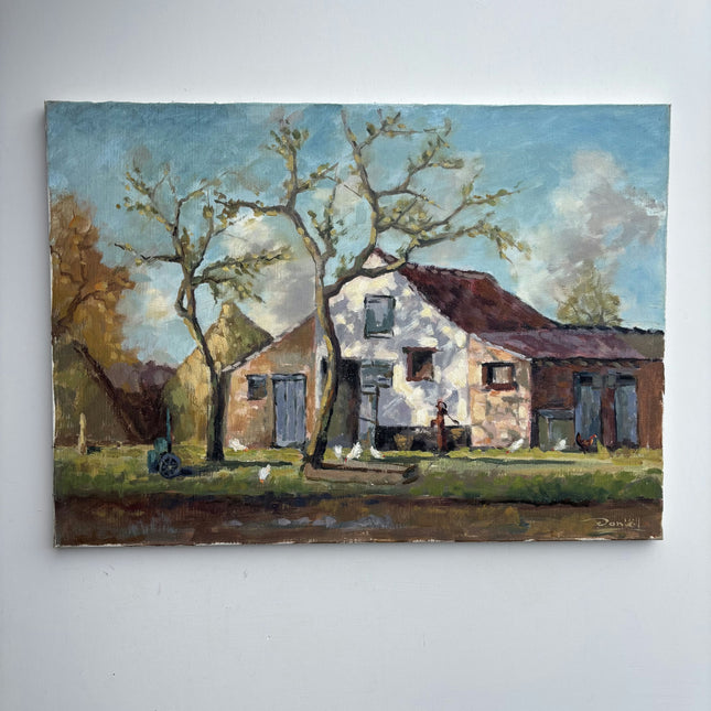 Detailed Farm Oil Painting "White Cottage" Original Art Holland Art Shop
