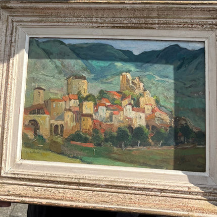 Detaljeret oliemaleri af landskab "Landsby på bakken" Autentisk kunst