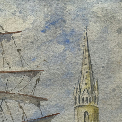 1945 Harbor Scene Aquarel "Church Spire" Small Art Holland Art Shop