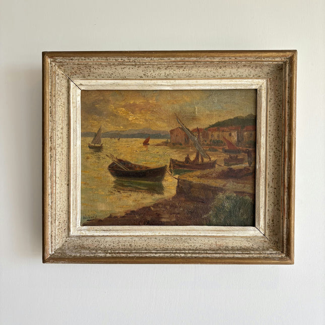 Vintage Harbor Scene Oil Painting "Rowboats Shore" Expressive Small Artwork Holland Art Shop
