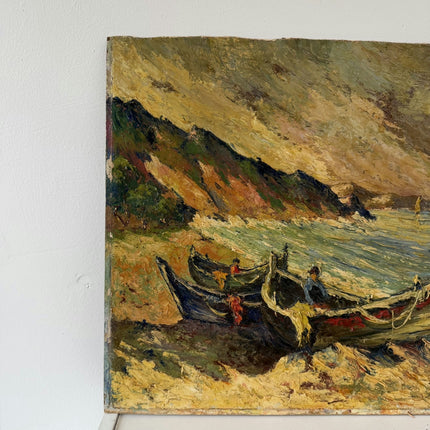 Traditional Harbor Scene Oil Painting "Beached Boats" Rustic Artwork Holland Art Shop