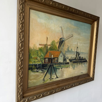 Vintage Landscape Oil Painting "Sailing Windmill" Expressive Large Artwork Holland Art Shop