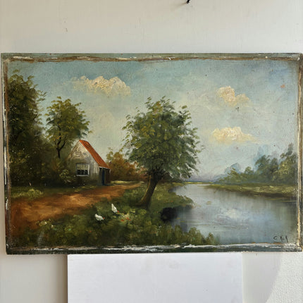 Antique Landscape Oil Painting "Riverside Cottage" Refined Art Holland Art Shop