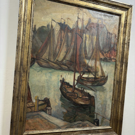 John. d. Hendrix Traditional Harbor Scene Oil Painting "Harbor Boats" Large Art Holland Art Shop