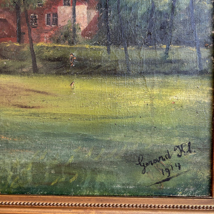 1914 Antique Landscape Oil Painting "Village Church" Art Holland Art Shop