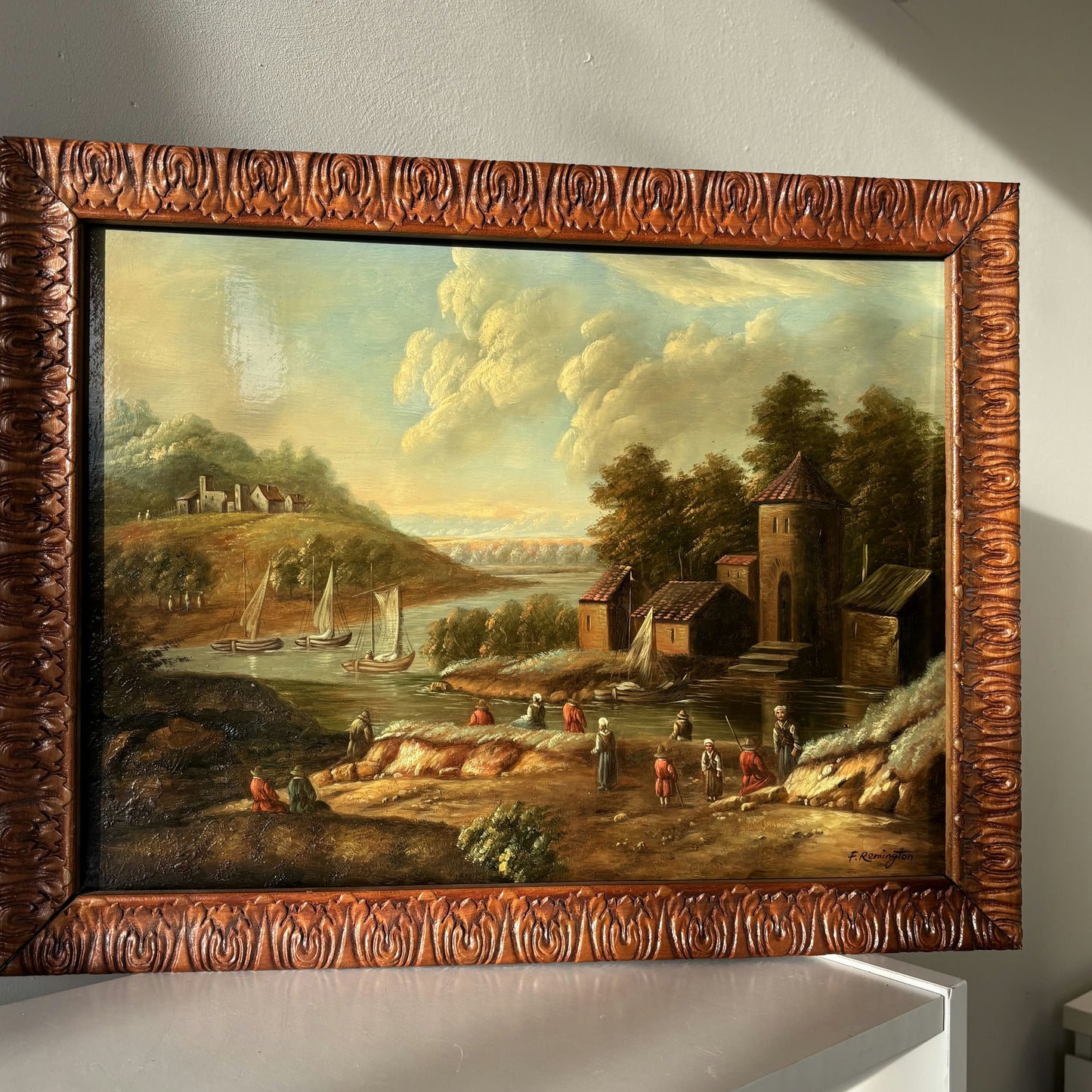 Marvelous Oil Painting Cityscape "Fishing Village" Fine French Art