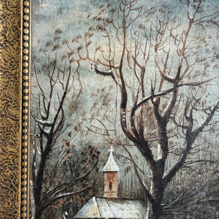 Timeless Winter Landscape Oil Painting "Snowy Church" Rustic Small Art Holland Art Shop