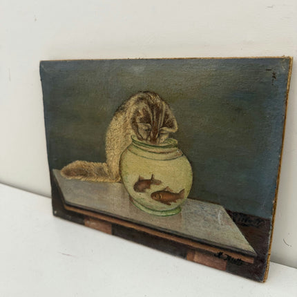 Authentic Animals Oil Painting "Cat Eating" Handcrafted Small Art Holland Art Shop