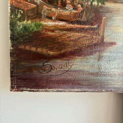 Expressive Harbor Scene Oil Painting "Riverside Village" Elegant Art Holland Art Shop
