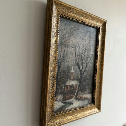 Timeless Winter Landscape Oil Painting "Snowy Church" Rustic Small Art Holland Art Shop