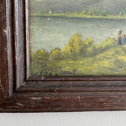 19th Century Antique Landscape Oil Painting "Lakehouse Tower" Small Artwork Holland Art Shop