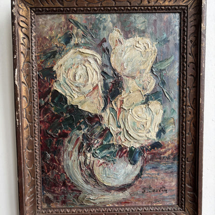Refined Floral Still Life Oil Painting "White Roses" Detailed Small Art Holland Art Shop